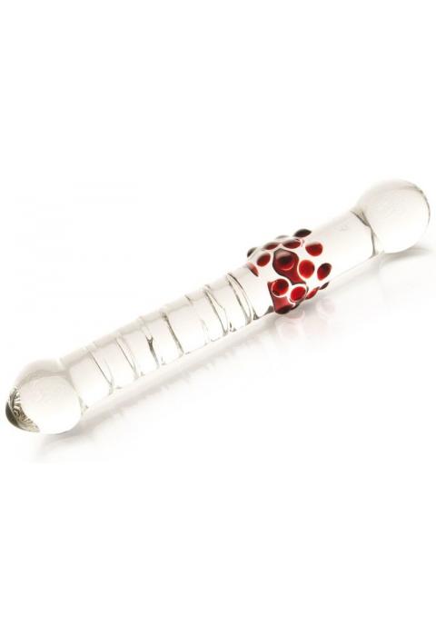 Стеклянный  стимулятор с ручкой-шаром и цветными пупырышками - 21 см.