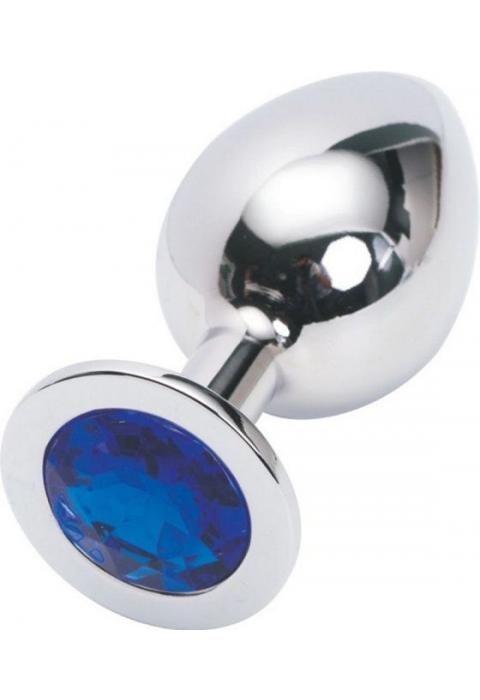 Серебряная металлическая анальная пробка среднего размера с синим стразиком - 8,2 см.