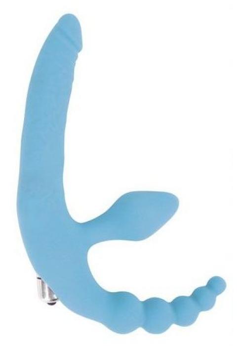 Голубой безремневой страпон с анальным отростком и вибрацией - 15 см.
