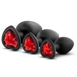 Набор черных анальных пробок с красным кристаллом-сердечком Bling Plugs Training Kit