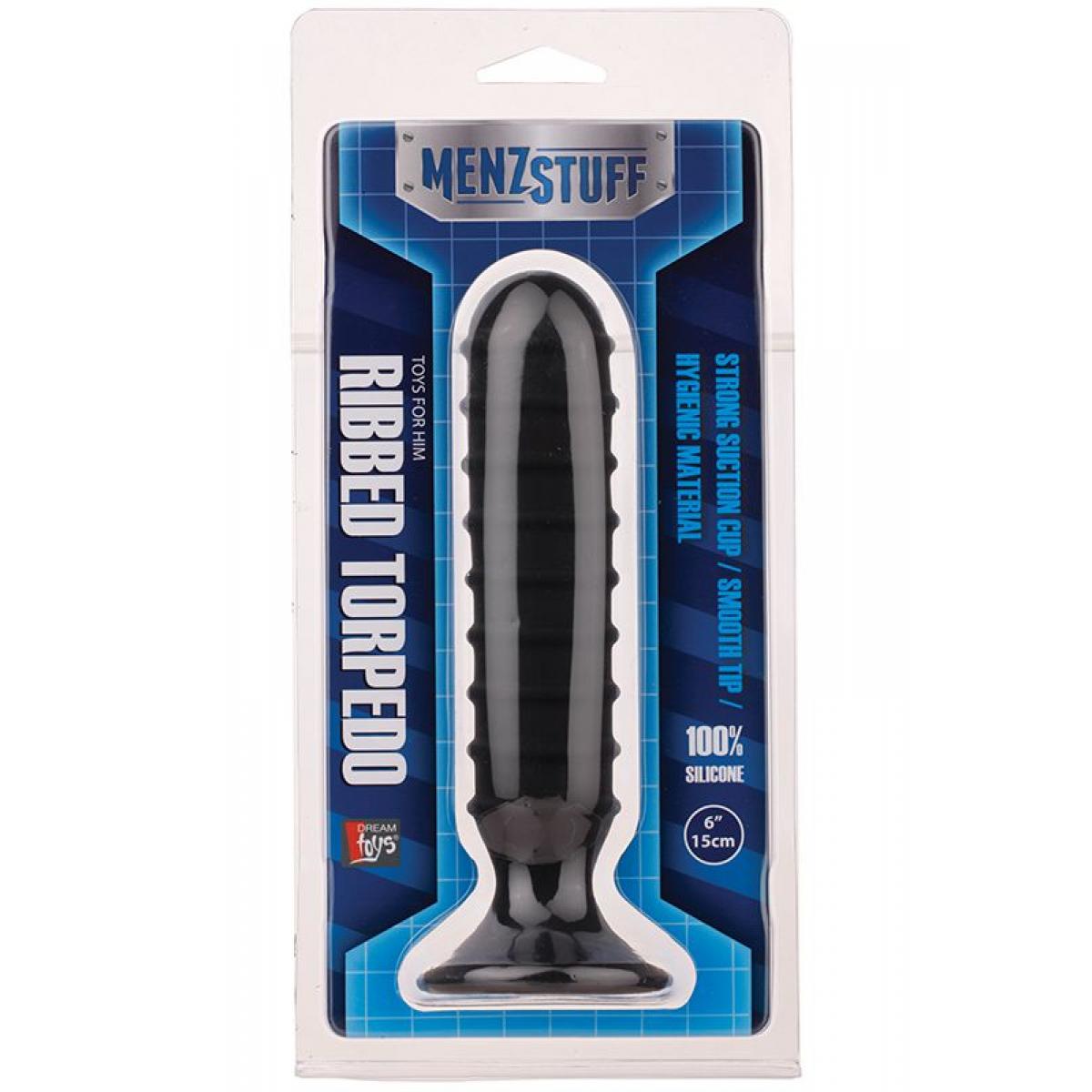 Чёрный ребристый массажер для анальной стимуляции MENZSTUFF RIBBED TORPEDO DONG - 15 см.