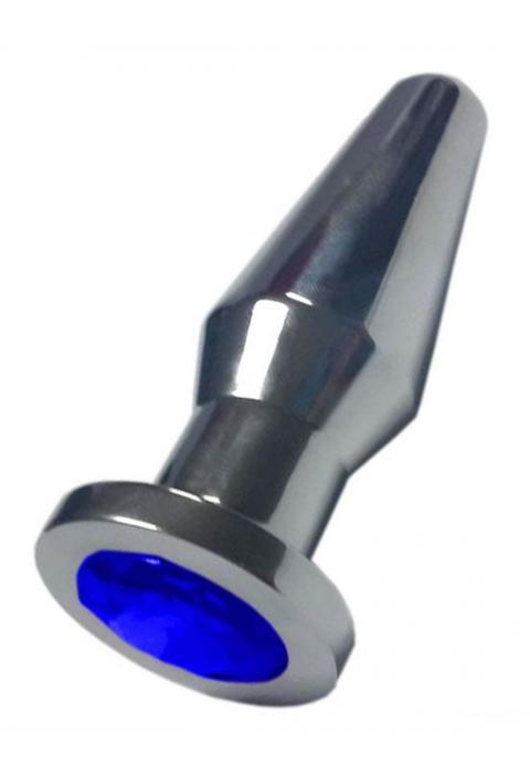 Серебристая анальная пробка с синим кристаллом - 10,3 см.