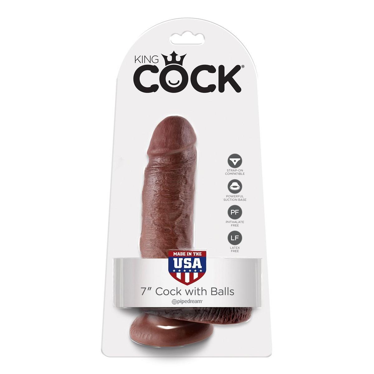Коричневый фаллоимитатор с мошонкой 7  Cock with Balls - 19,4 см.