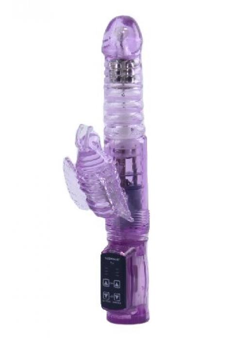 Фиолетовый вибратор с ротацией, функцией Up Down и клиторальной бабочкой - 23,5 см.