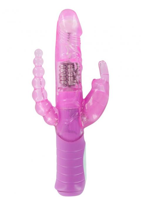 Розовый вибратор RABBIT DUAL PLEASURE с клиторальным и анальным стимуляторами - 22 см.