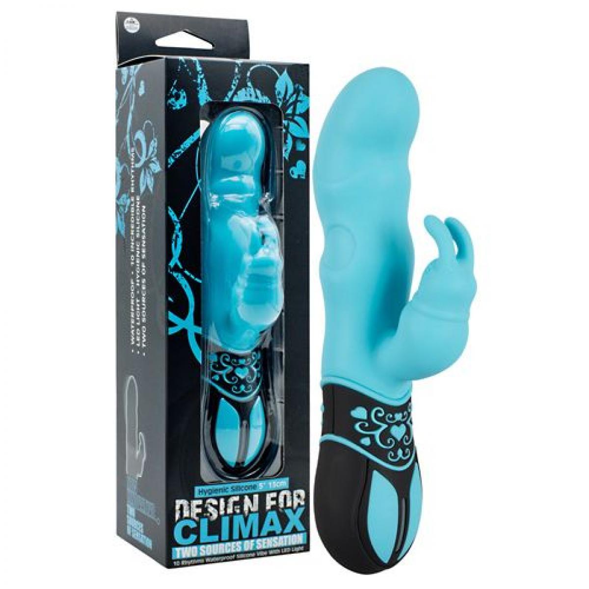 Голубой вибратор Design for Climax с клиторальным кроликом - 17,5 см.