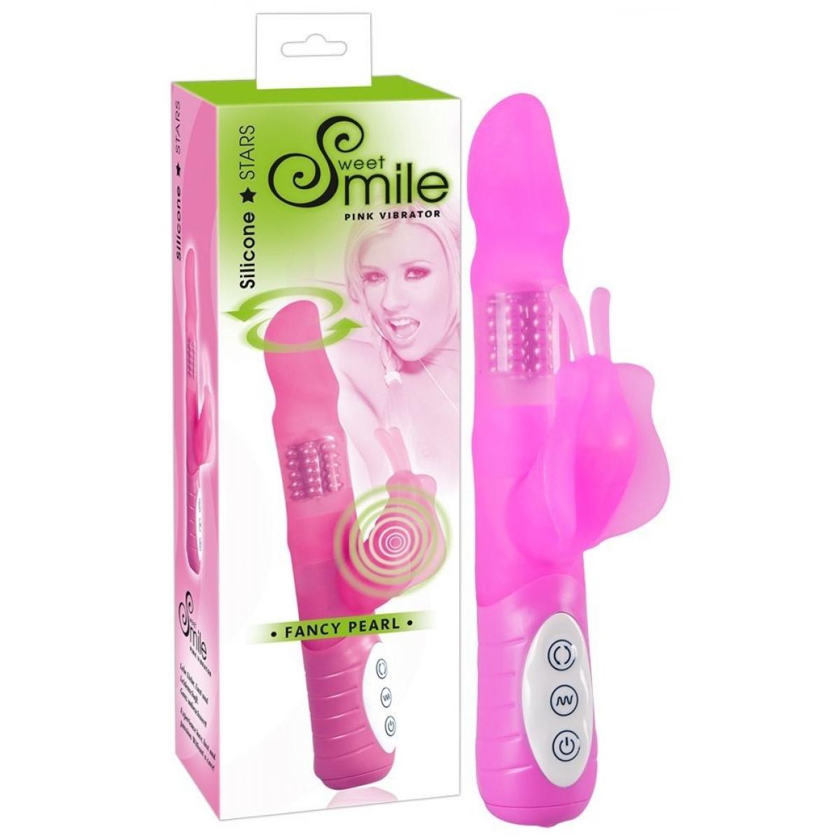 Многофункциональный розовый вибратор Smile Fancy с клиторальной бабочкой - 22 см.