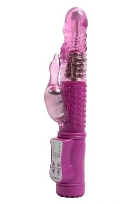 Розовый вибромассажёр с ротацией и клиторальным хвостом - 21,5 см.