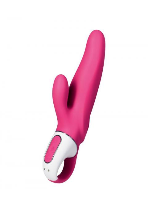 Ярко-розовый вибратор Mr. Rabbit с клиторальным отростком - 22,1 см.