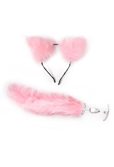 Розовый игровой набор: ободок с ушками и анальная пробка с хвостиком
