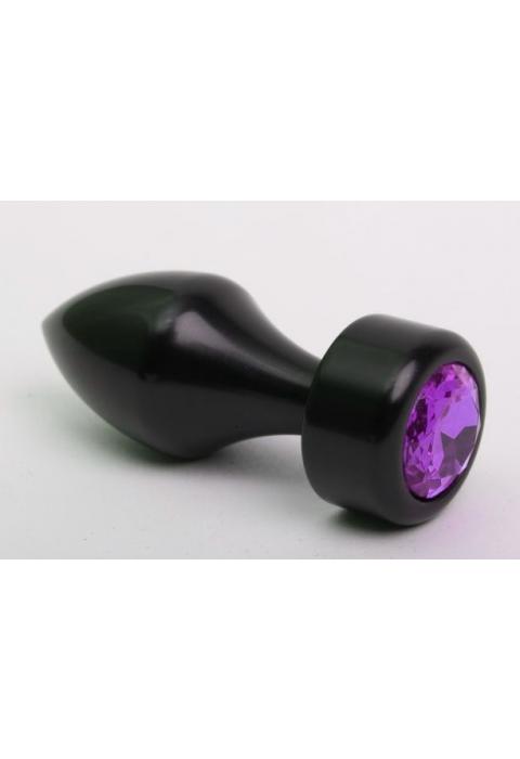 Чёрная анальная пробка с широким основанием и фиолетовым кристаллом - 7,8 см.