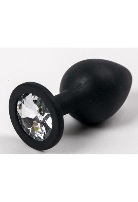 Черная силиконовая анальная пробка с прозрачным кристаллом - 9,5 см.