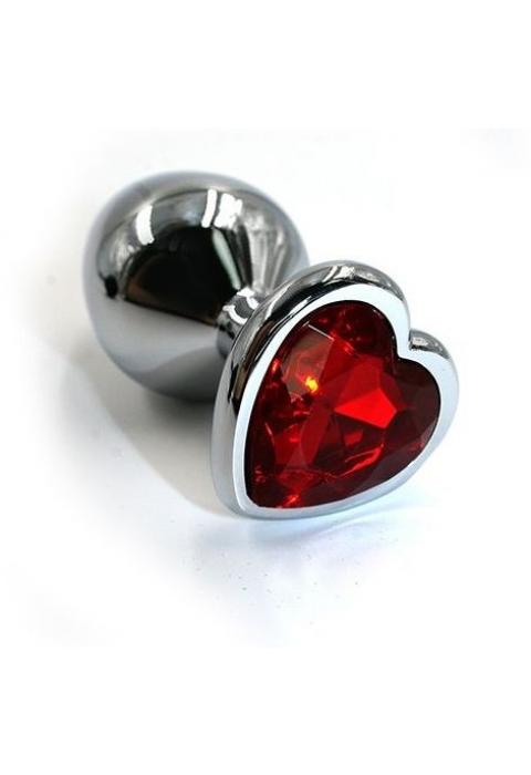 Серебристая анальная пробка с красным кристаллом-сердцем - 8,2 см.