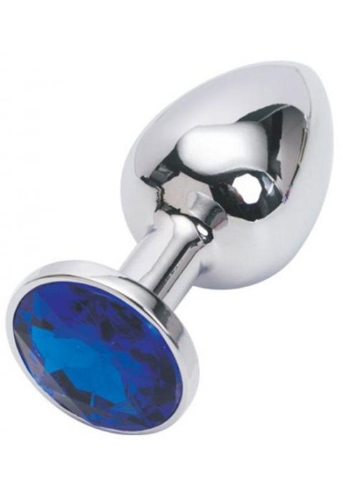 Серебряная металлическая анальная пробка с синим стразиком - 7,6 см.
