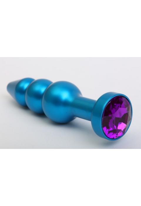 Синяя фигурная анальная пробка с фиолетовым кристаллом - 11,2 см.