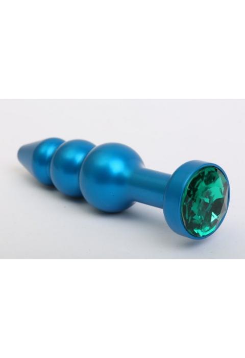 Синяя фигурная анальная пробка с зелёным кристаллом - 11,2 см.