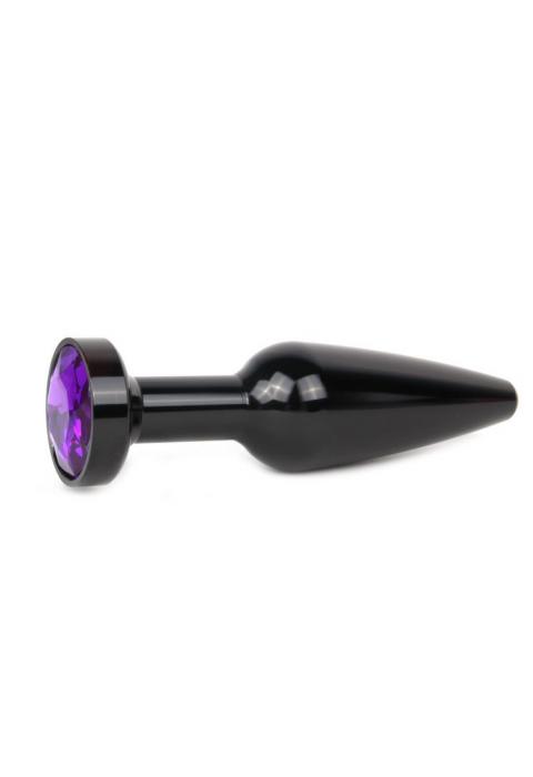 Удлиненная коническая гладкая черная анальная втулка с кристаллом фиолетового цвета - 11,3 см.