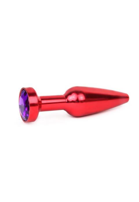 Удлиненная коническая гладкая красная анальная втулка с кристаллом фиолетового цвета - 11,3 см.