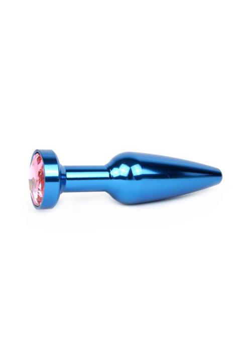 Удлиненная коническая гладкая синяя анальная втулка с розовым кристаллом - 11,3 см.