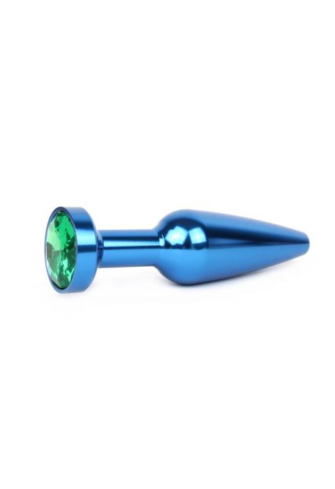 Удлиненная коническая гладкая синяя анальная втулка с зеленым кристаллом - 11,3 см.