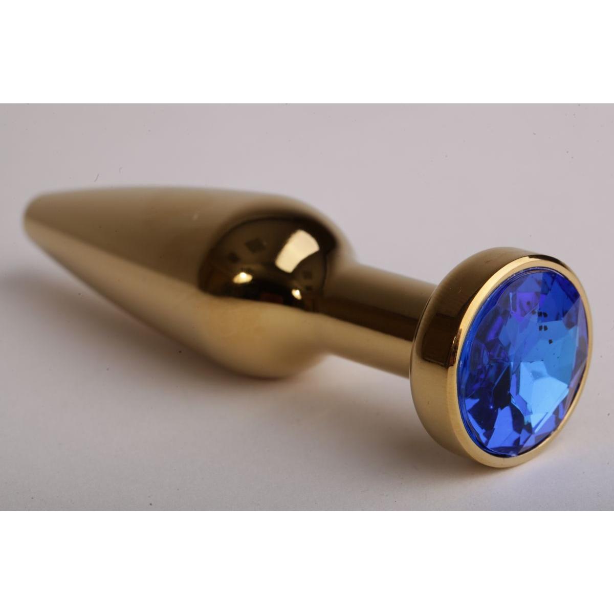 Золотистая анальная пробка с синим кристаллом - 11,2 см.