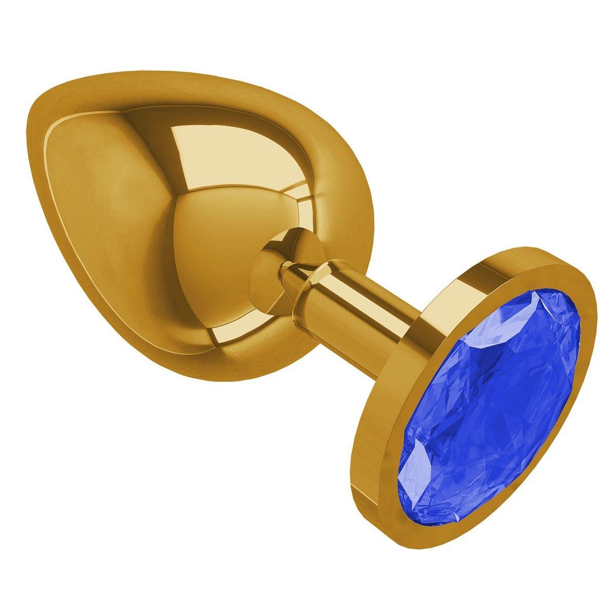 Золотистая большая анальная пробка с синим кристаллом - 9,5 см.