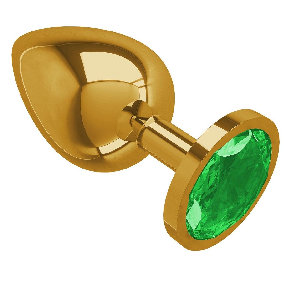 Золотистая большая анальная пробка с зеленым кристаллом - 9,5 см.