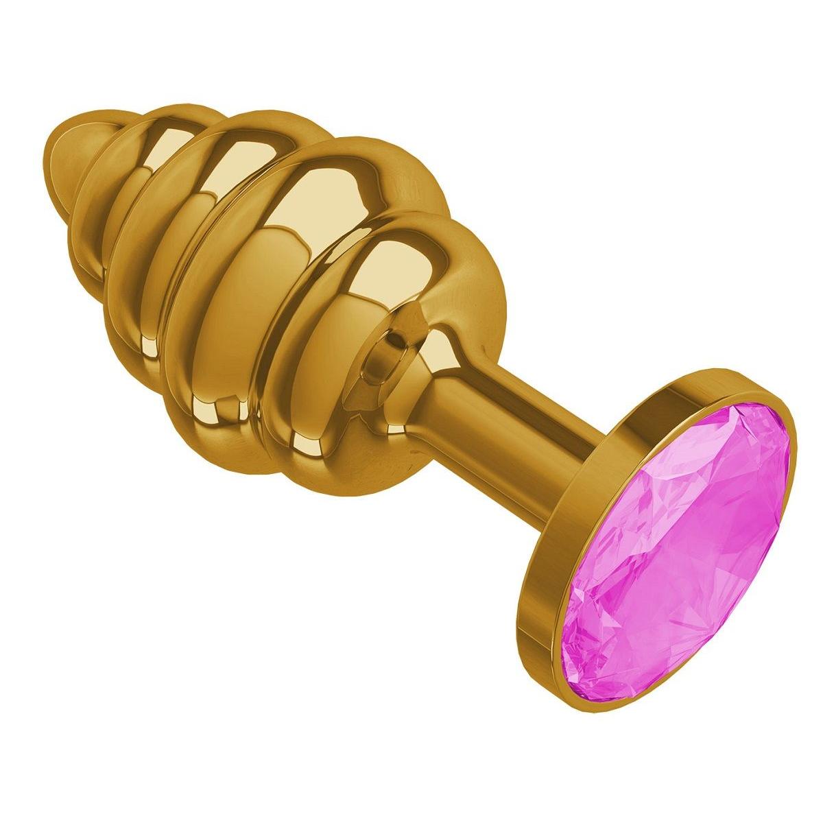 Золотистая пробка с рёбрышками и розовым кристаллом - 7 см.