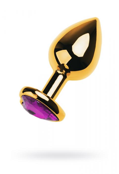 Золотистый анальный плаг с фиолетовым кристаллом-сердцем - 8 см.