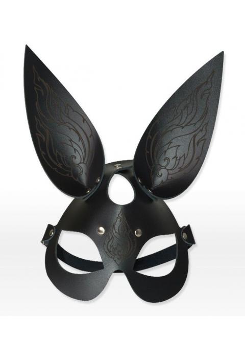 Чёрная кожаная маска с длинными ушками и эффектом тату