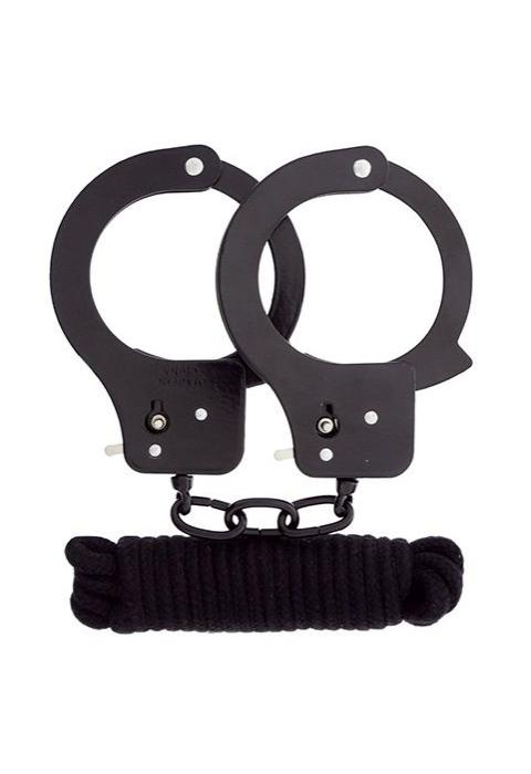 Чёрные наручники из листового металла в комплекте с веревкой BONDX METAL CUFFS LOVE ROPE SET