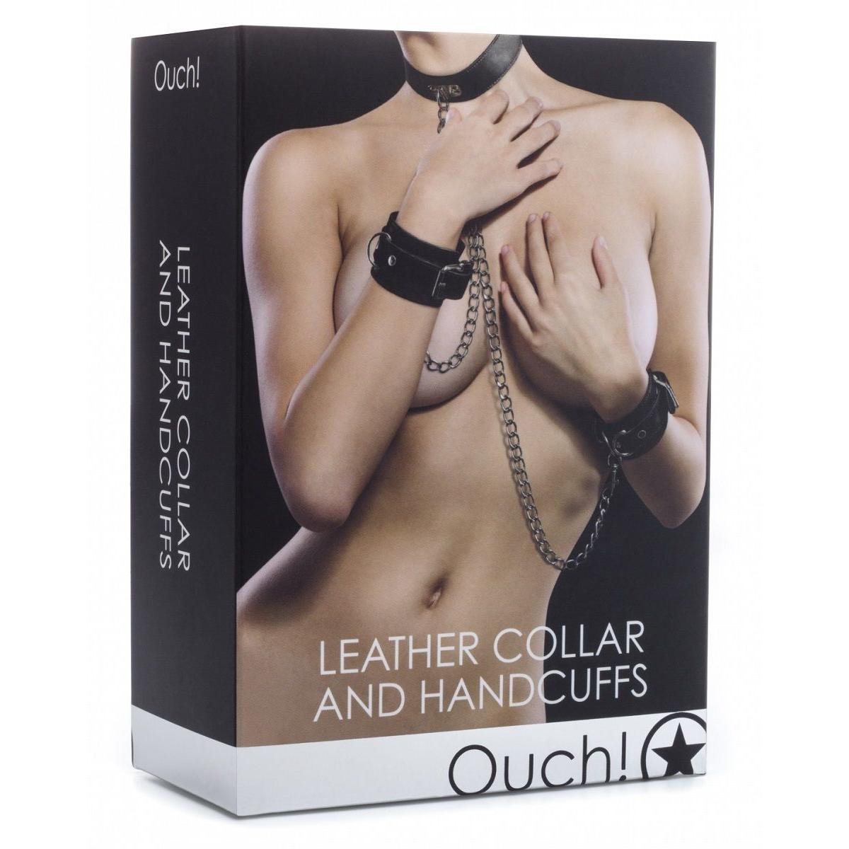 Чёрный комплект для бондажа Leather Collar and Handcuffs 