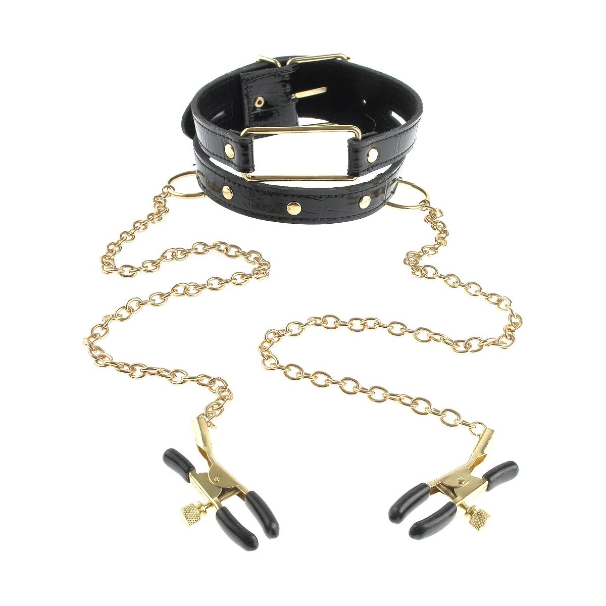 Чёрный с золотом ошейник с зажимами на соски Gold Collar and Nipple Clamps