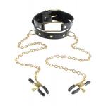 Чёрный с золотом ошейник с зажимами на соски Gold Collar and Nipple Clamps