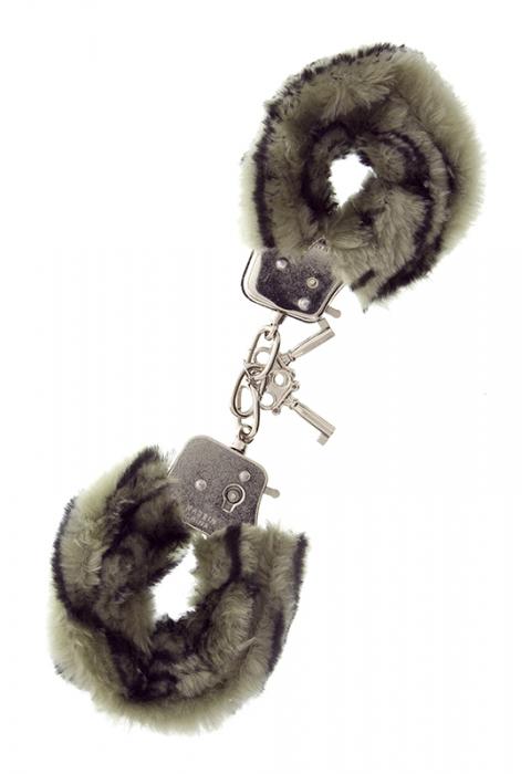 Металлические наручники с чёрно-серой меховой опушкой