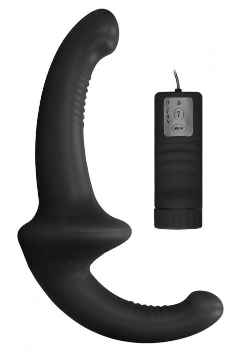 Черный безремневой вибрострапон с пультом управления Vibrating Silicone Strapless Strapon