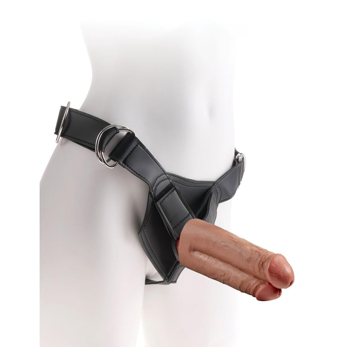 Кофейный сдвоенный поясной страпон Strap-On Harness with 7  Two Cocks One Hole - 19,1 см.