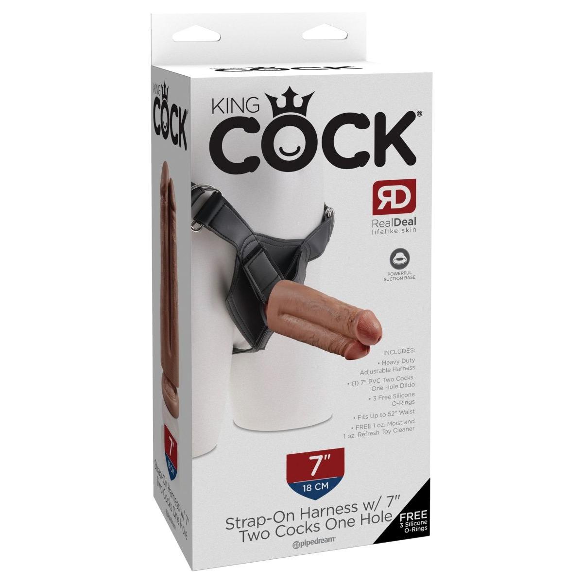 Кофейный сдвоенный поясной страпон Strap-On Harness with 7  Two Cocks One Hole - 19,1 см.