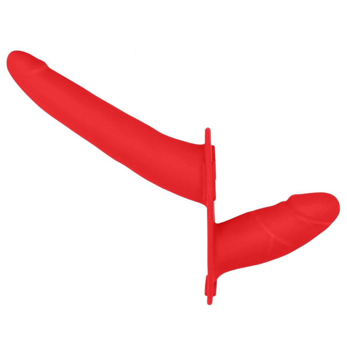 Красный двойной страпон Adjustable на ремешках - 16 см.
