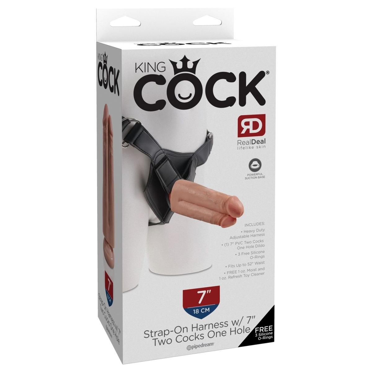 Телесный сдвоенный поясной страпон Strap-On Harness with 7  Two Cocks One Hole - 19,1 см.