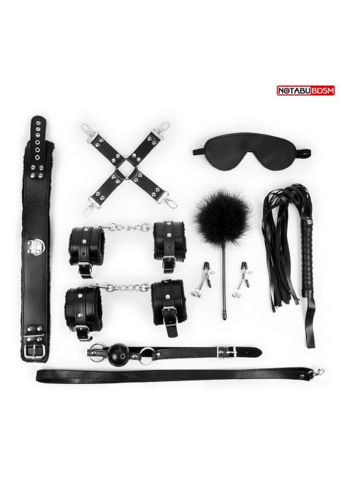 Большой набор БДСМ в черном цвете: маска, кляп, зажимы, плётка, ошейник, наручники, оковы, щекоталка, фиксатор
